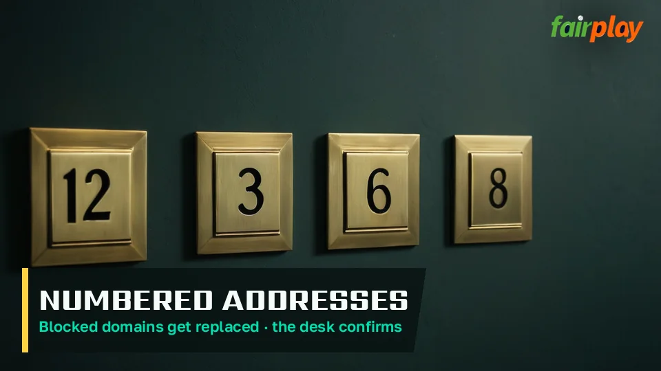 Browser bar showing fairplay111.com beside a desk chat confirming the live FairPlay address