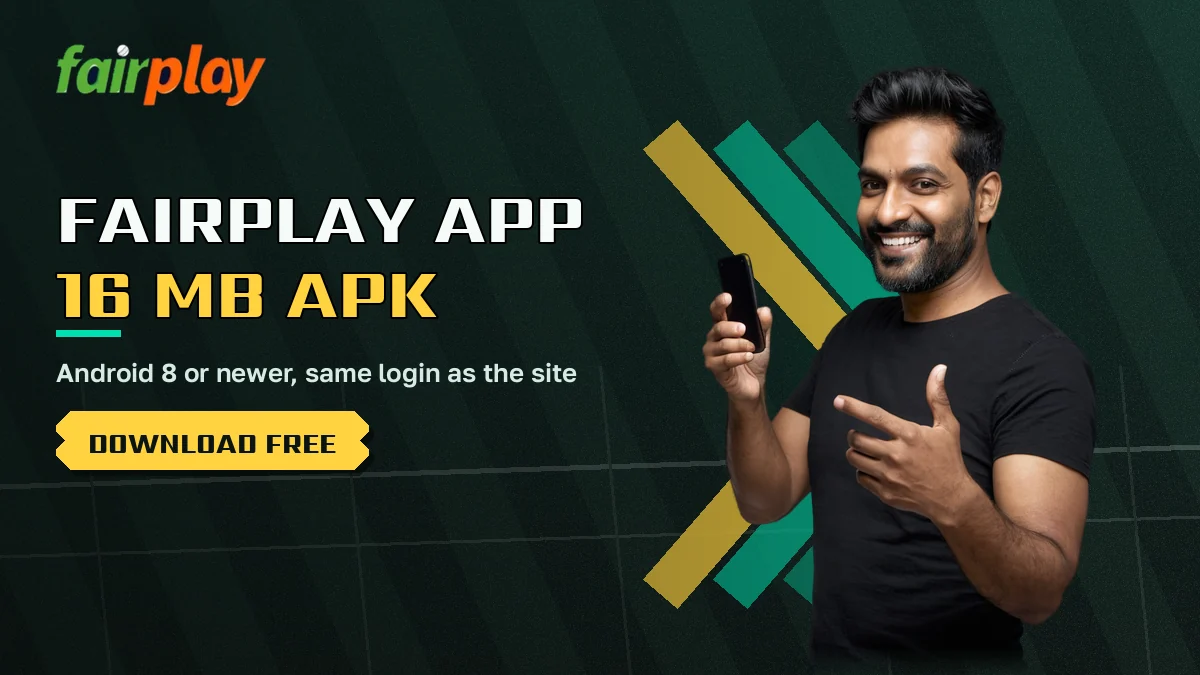 Phone screen showing the FairPlay app install prompt beside a cricket ground