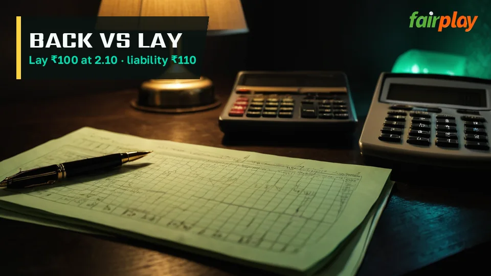 Player comparing a back return against a lay liability figure on the FairPlay bet slip