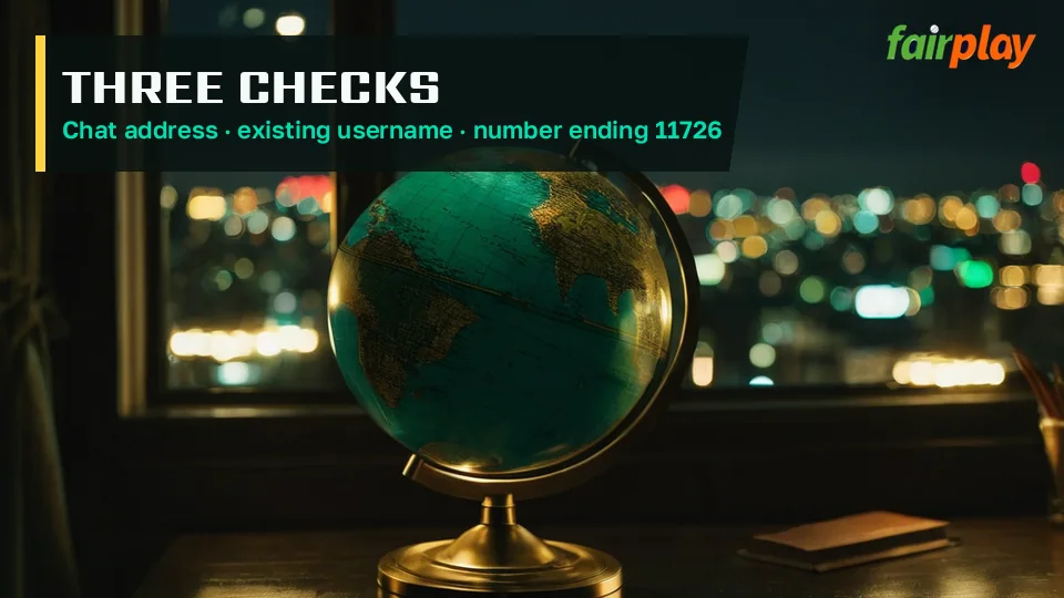 Player comparing the FairPlay Global address on a phone with the desk chat