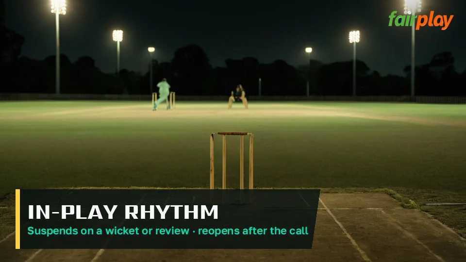 Phone screen showing a suspended FairPlay market during a cricket review