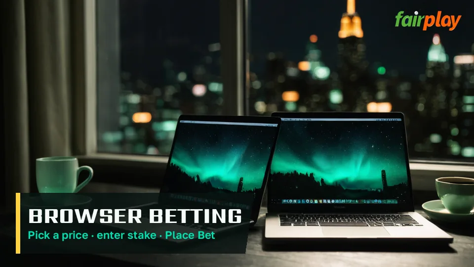 Laptop browser showing a cricket market list next to an open stake box for a FairPlay bet