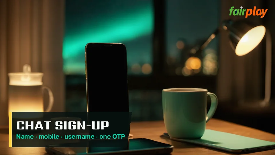Player at a desk confirming a FairPlay sign up OTP on a phone beside a laptop